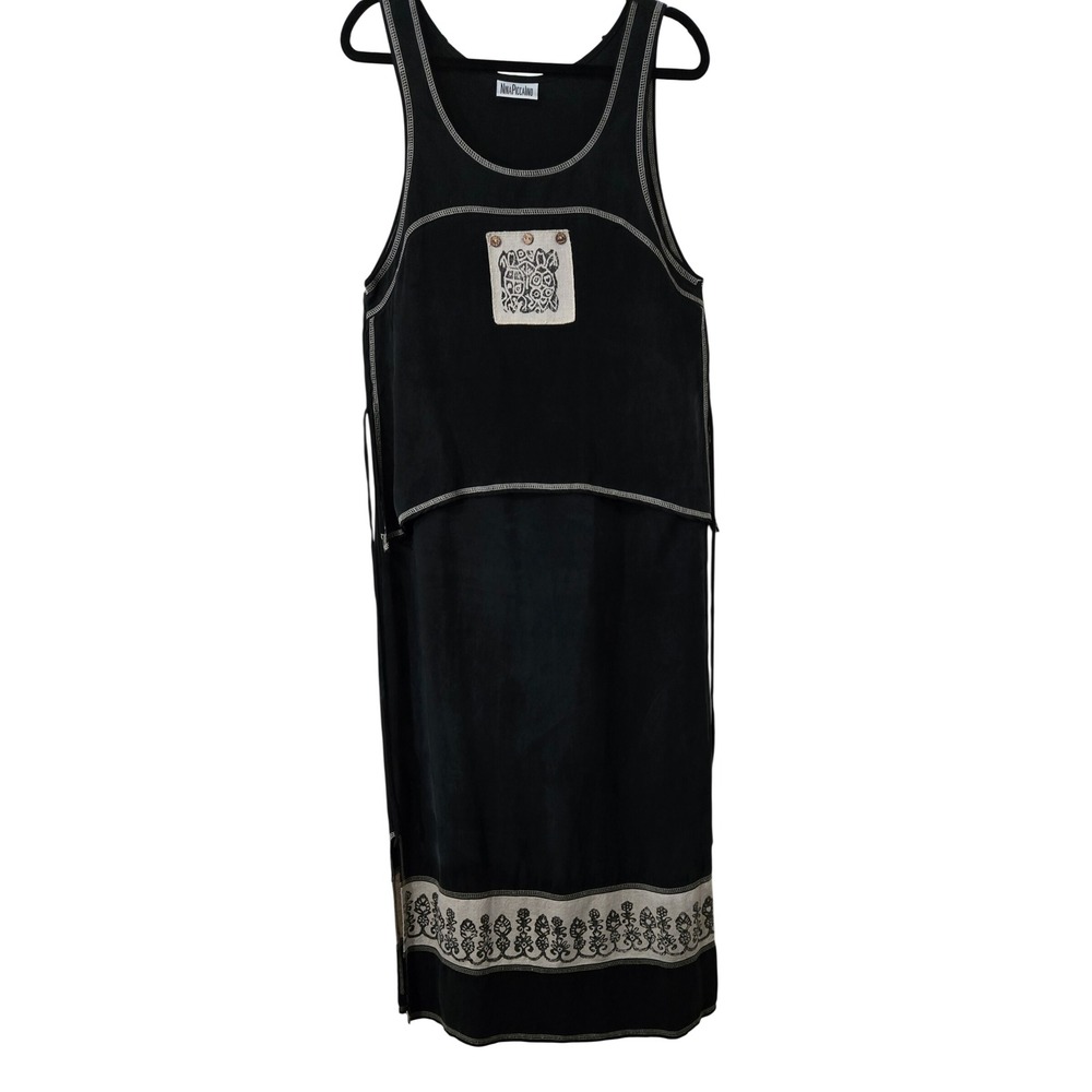 Nina Piccalino Black Sleeveless Maxi Dress Turtle Patch Boho Contrast Stitch M